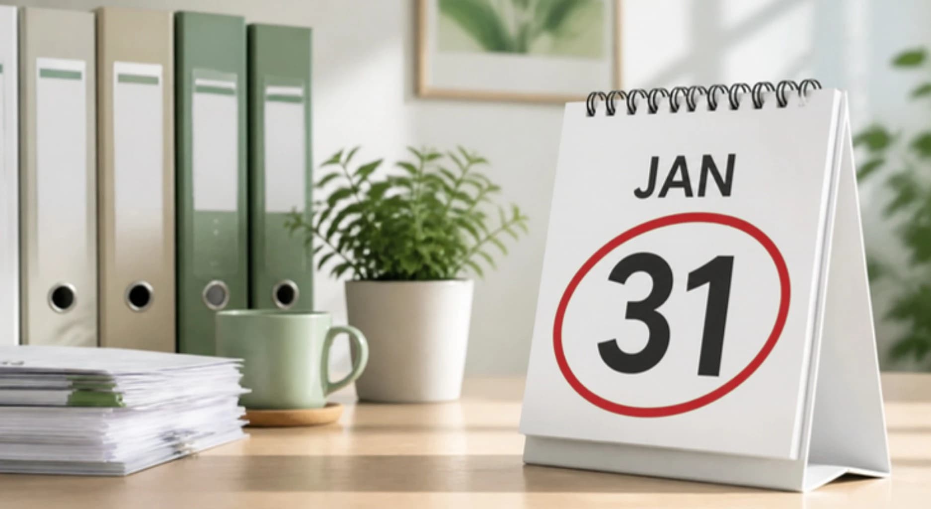 Der CSC-Jahresbericht: Tischkalender mit rot eingekreistem 31. Januar neben Aktenordnern